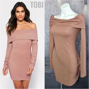 Tobi Aria Wine off shoulder bodycon dress, wine red stripe, size Medium